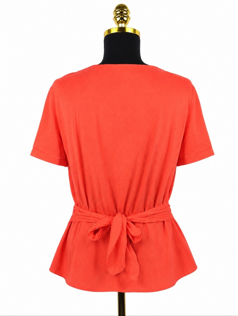 Louis Feraud Coral Cotton Peplum Blouse Tie Back Gold Logo Buttons US 12 - Picture 9 of 12